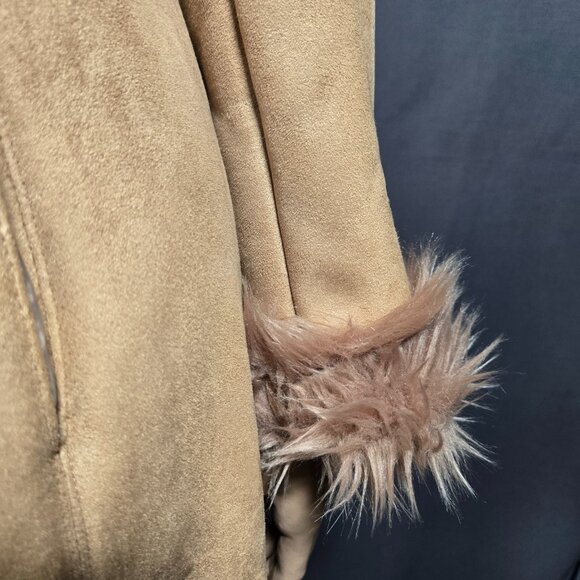 Vintage 90s Penny Lane Coat Beige Faux Fur Faux Suede Size L Knee Length Boho - Picture 5 of 12